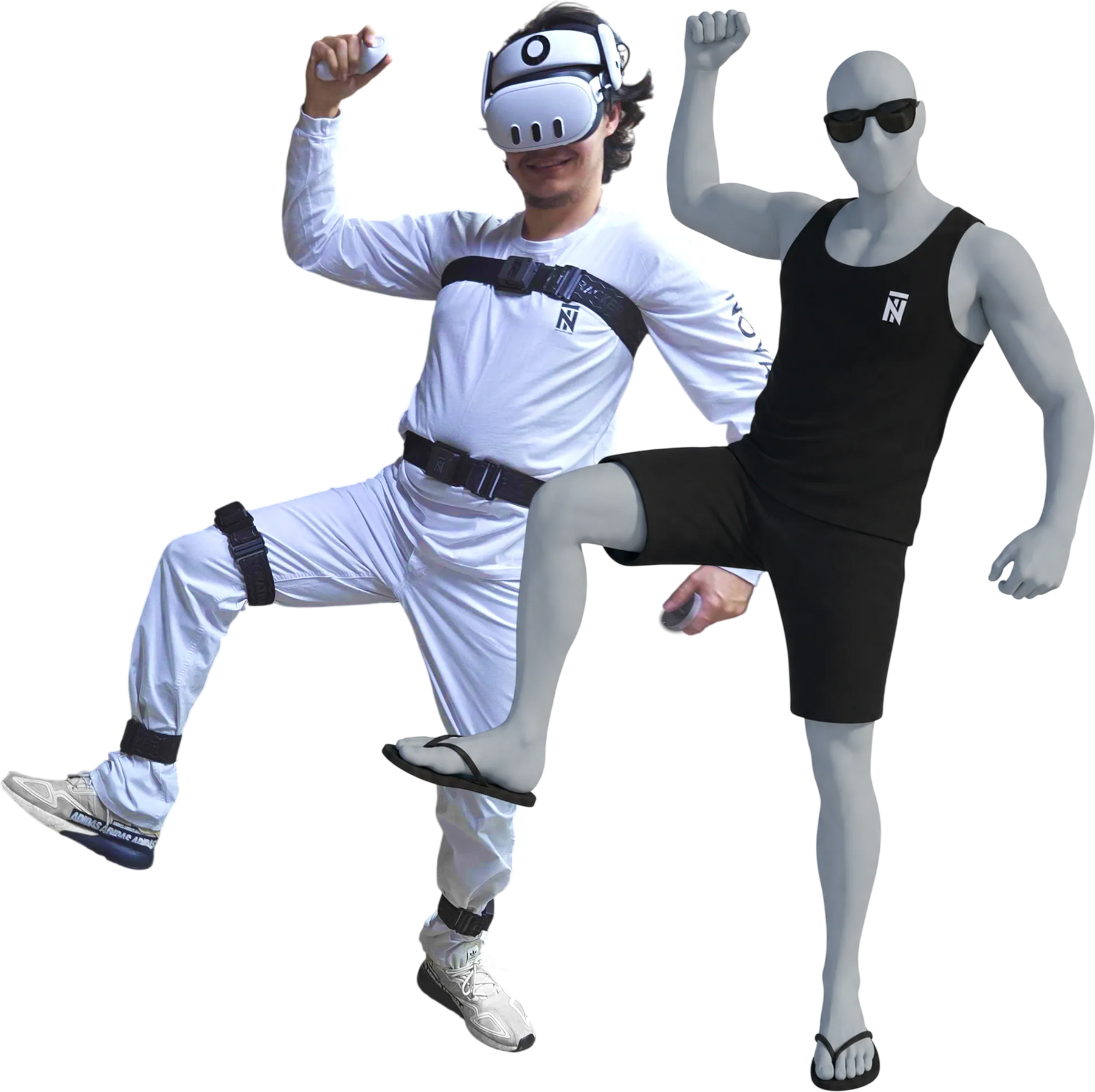 Kit de full body tracking da NOVATRACKERS vestido, ao lado do mascote NovaMan na mesma pose